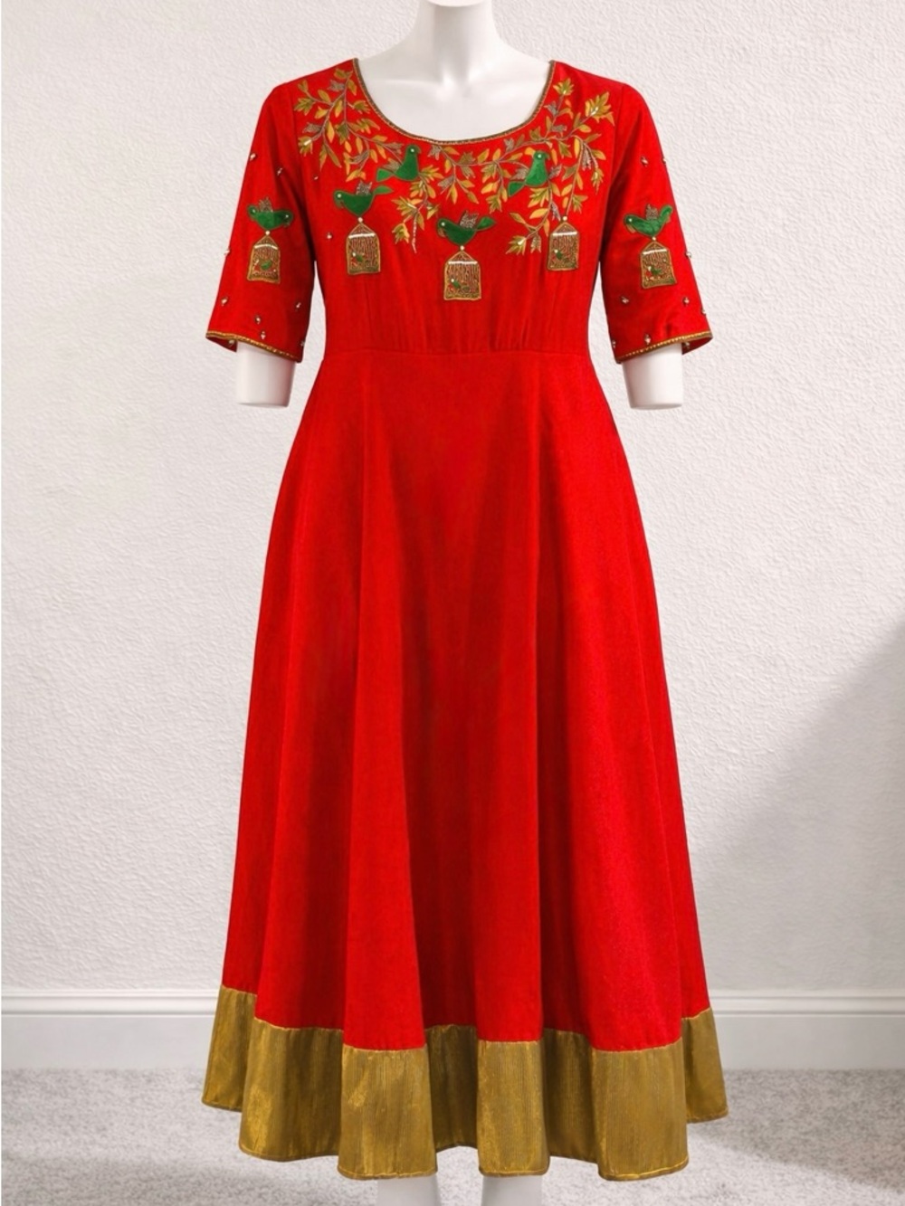 Red Embroidered Girls' Dress with Gold Hem